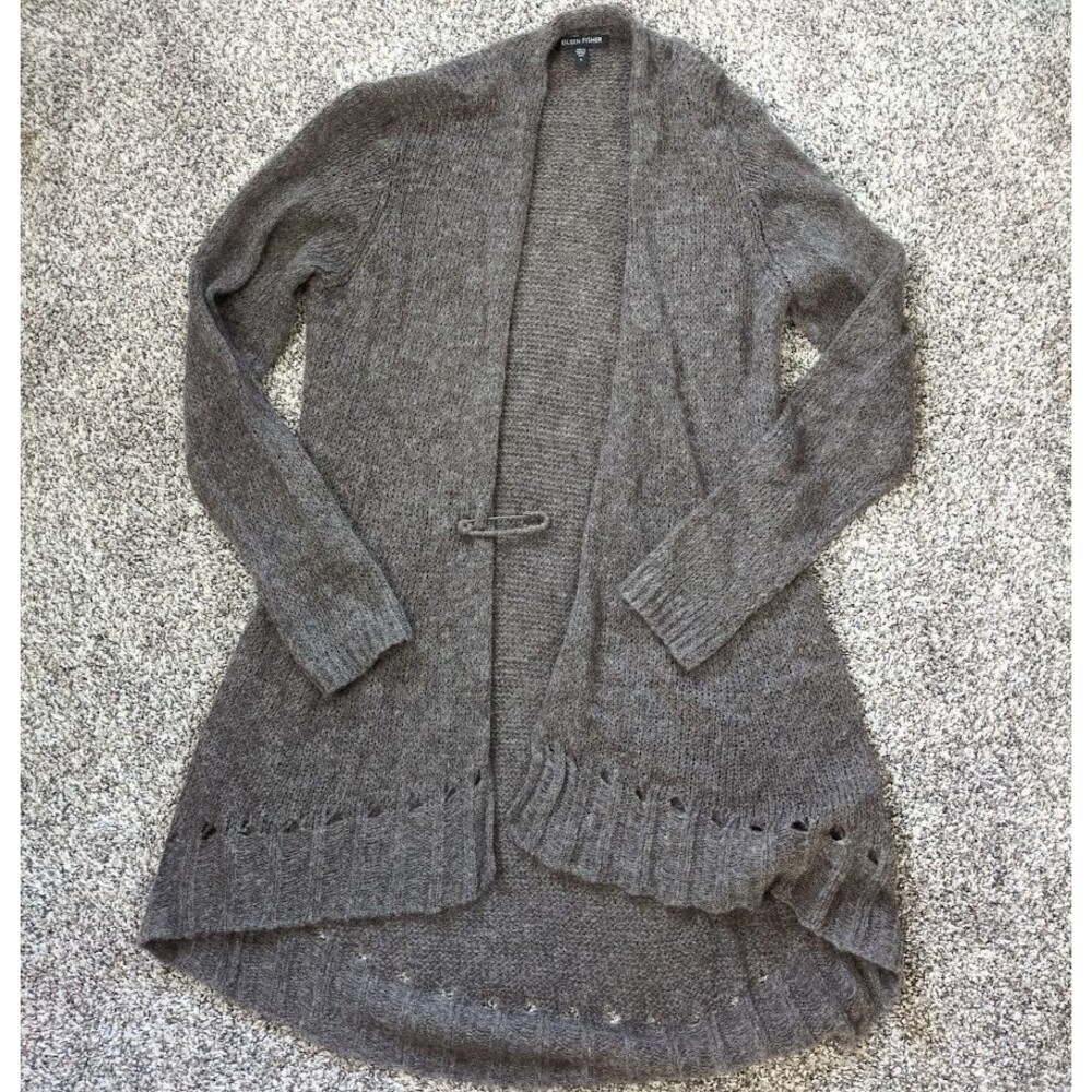Eileen Fisher Long Duster Cardigan Sweater Small Gray Alpaca Linen Wool